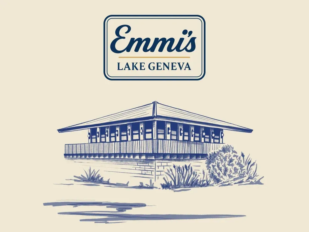 Emmi’s Lake Geneva logo above a navy line illustration of the lakefront supper-club building.